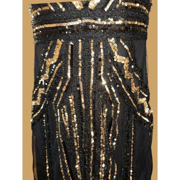 VIJIV 1920s Style V Neck Inspired Sequins Cocktail Flapper Dress Black Gold XL - Picture 3 of 7